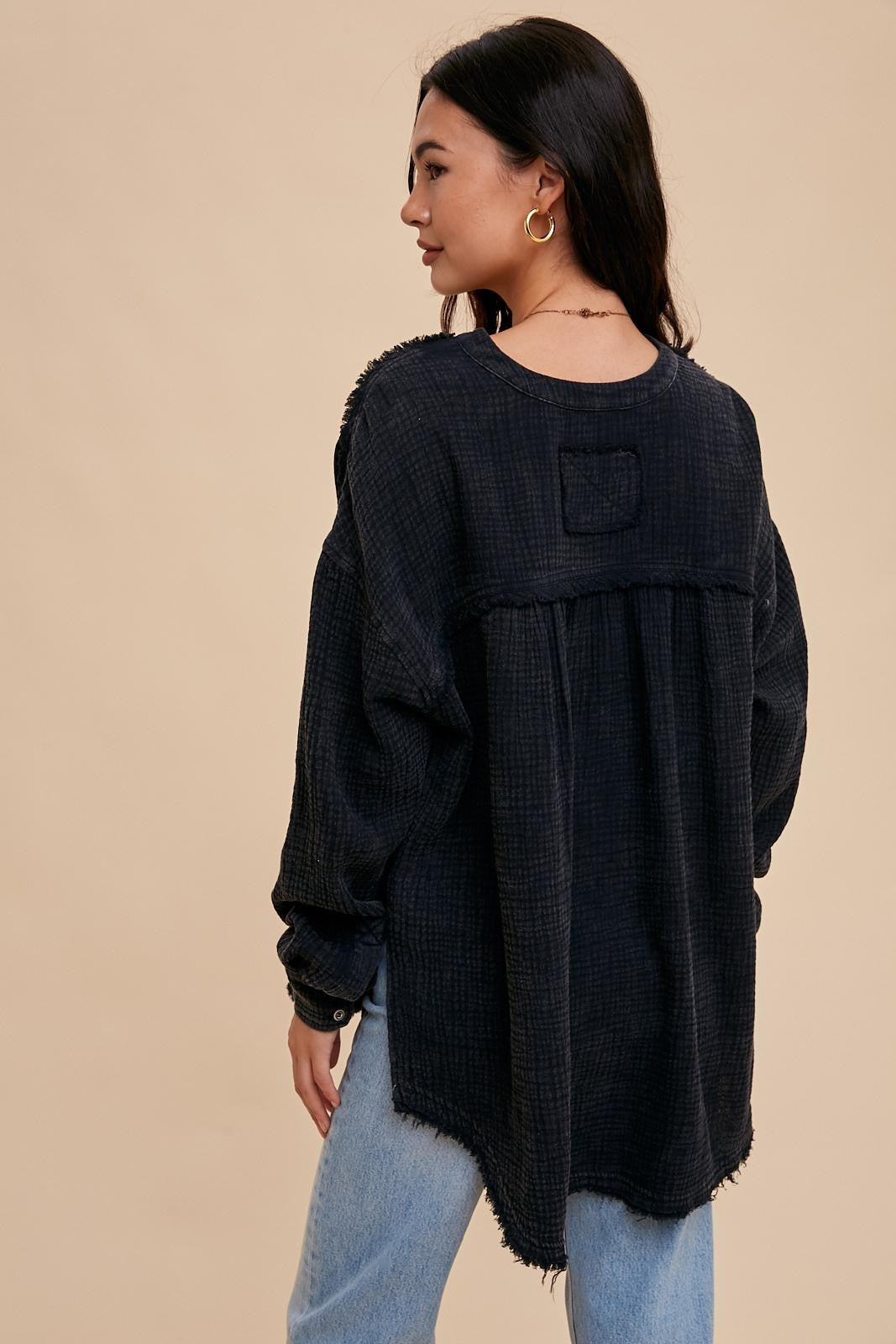 Gauze Placket Blouse - Black