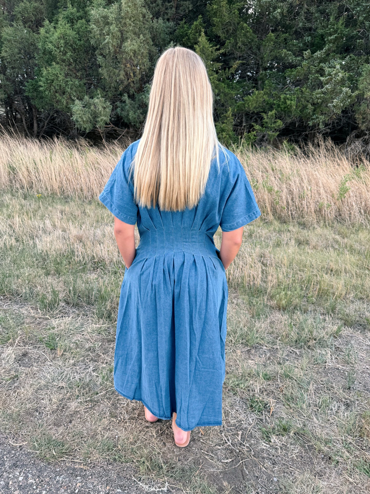 Denim Pleated Midi Dress
