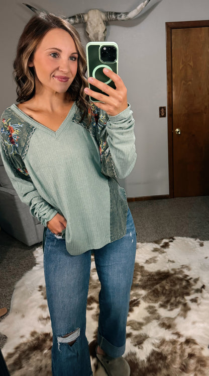 Floral Embroidered Ruched Sleeve Top