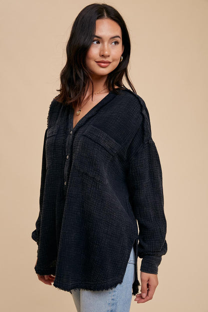 Gauze Placket Blouse - Black