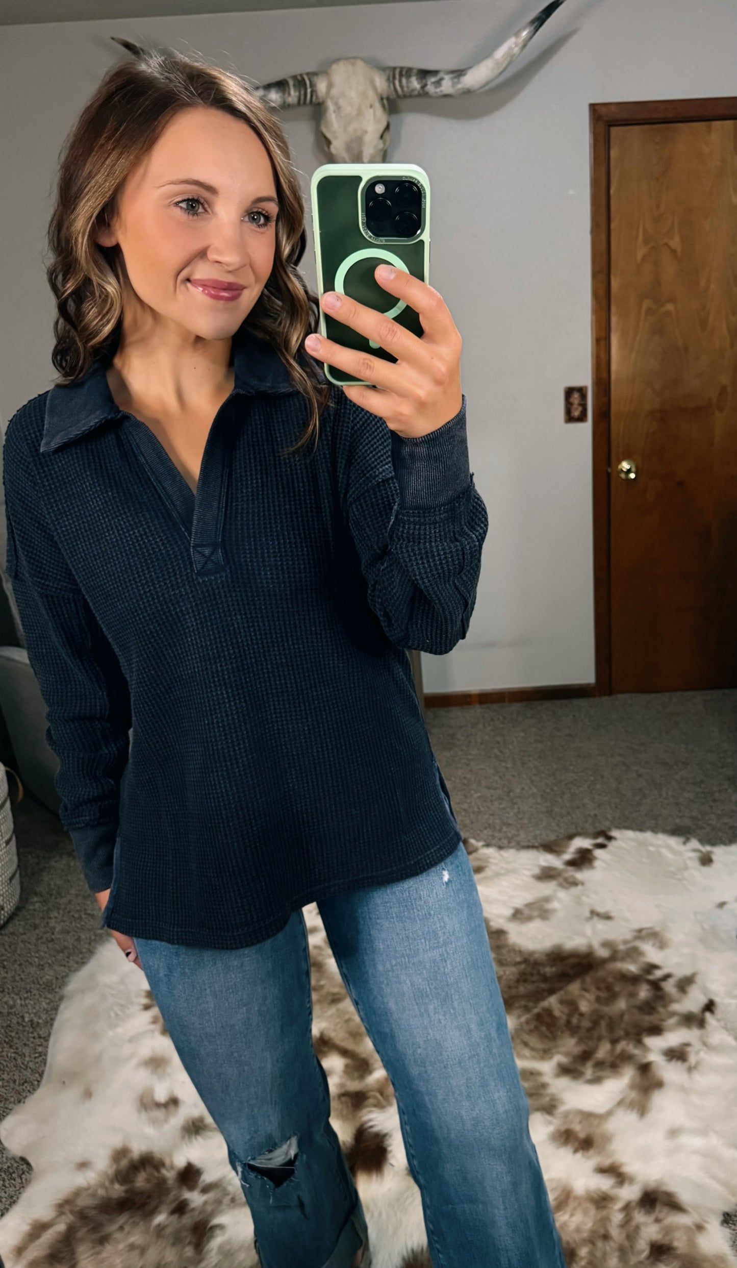 Washed Thermal Collared Top