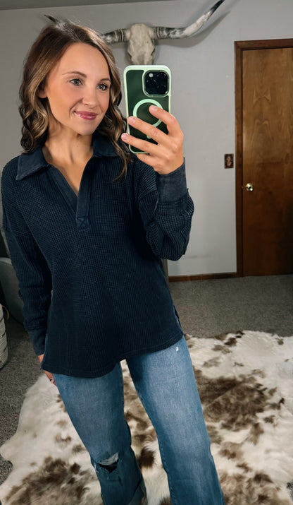 Washed Thermal Collared Top