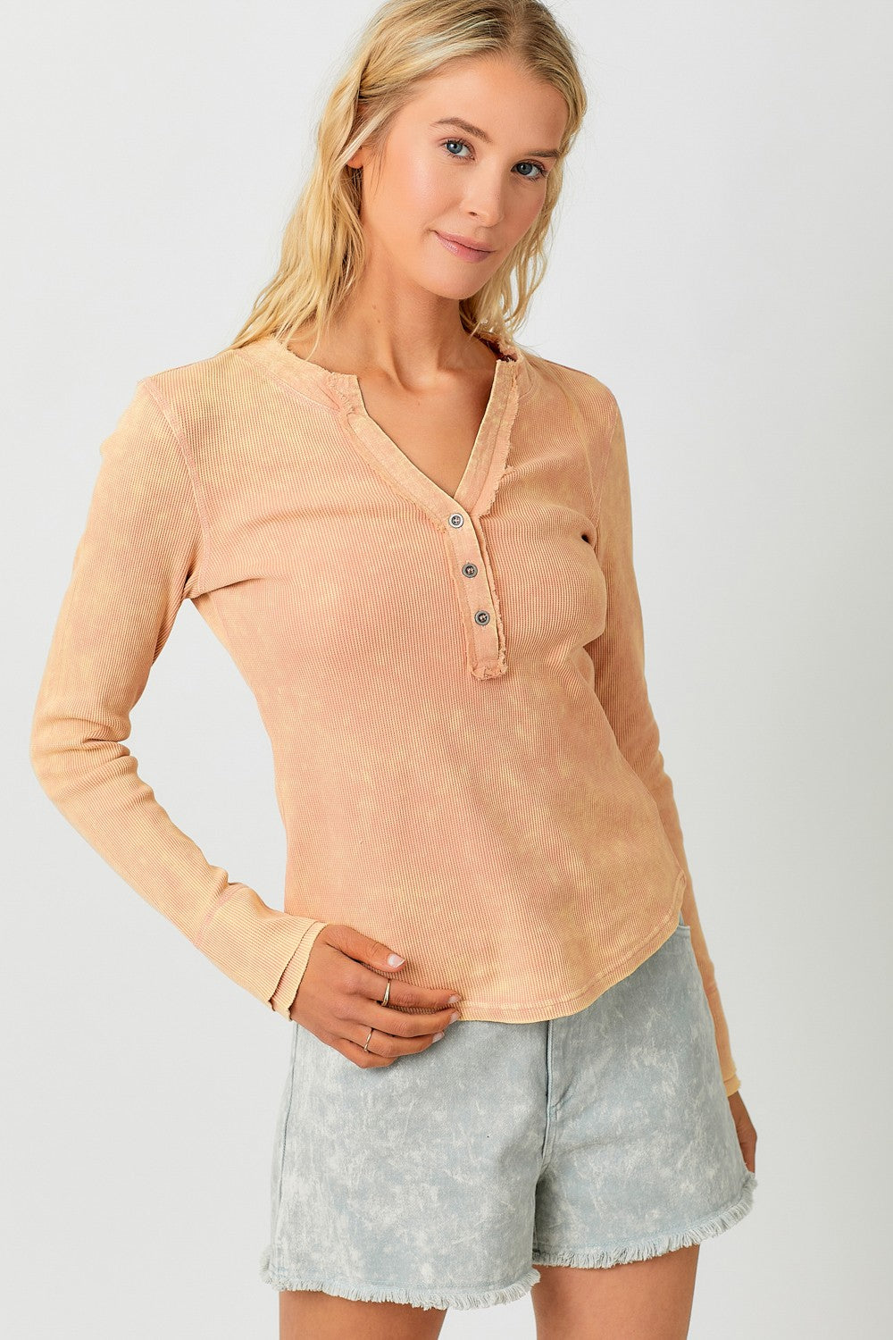 Washed Thermal Henley - Peach Orange