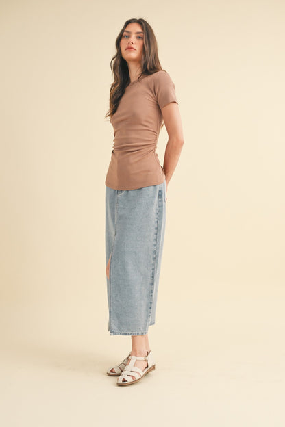 Side Ruched Ribbed Knit Top - Hazelnut