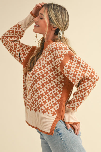 Mock Neck Sweater - Rust & Cream