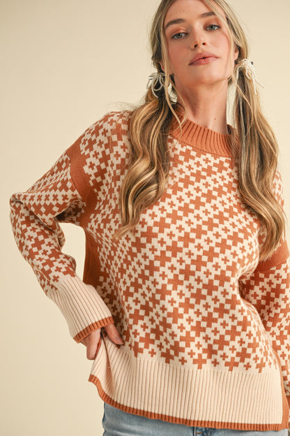 Mock Neck Sweater - Rust & Cream