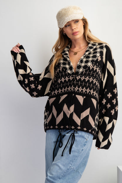 Printed Knit Sweater Cardigan - Black & Taupe