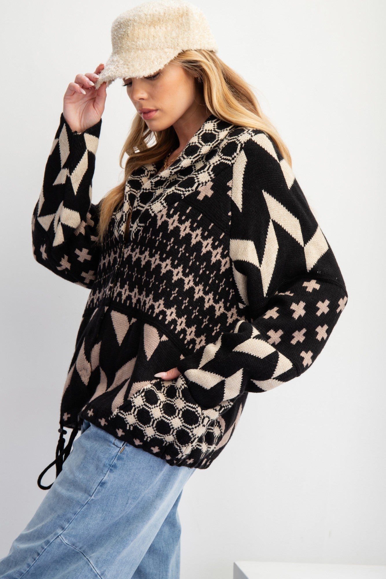 Printed Knit Sweater Cardigan - Black & Taupe