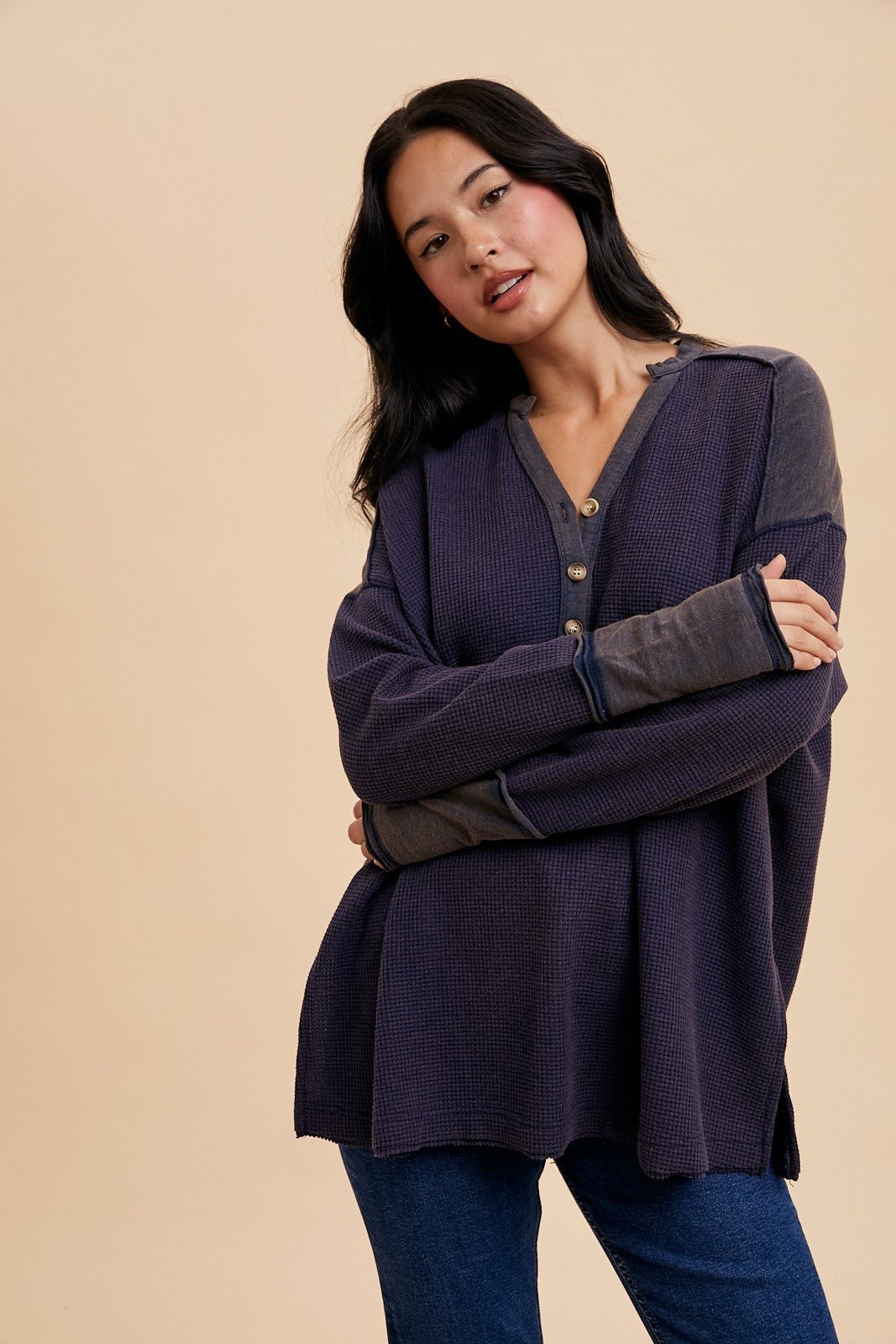 Washed Thermal Henley - Midnight