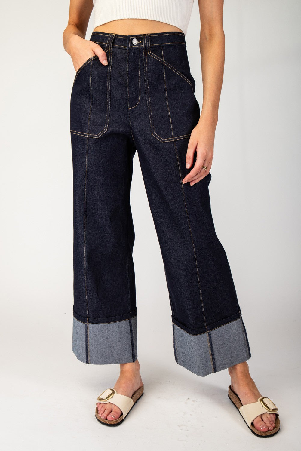 Cuff Detail Denim Pants