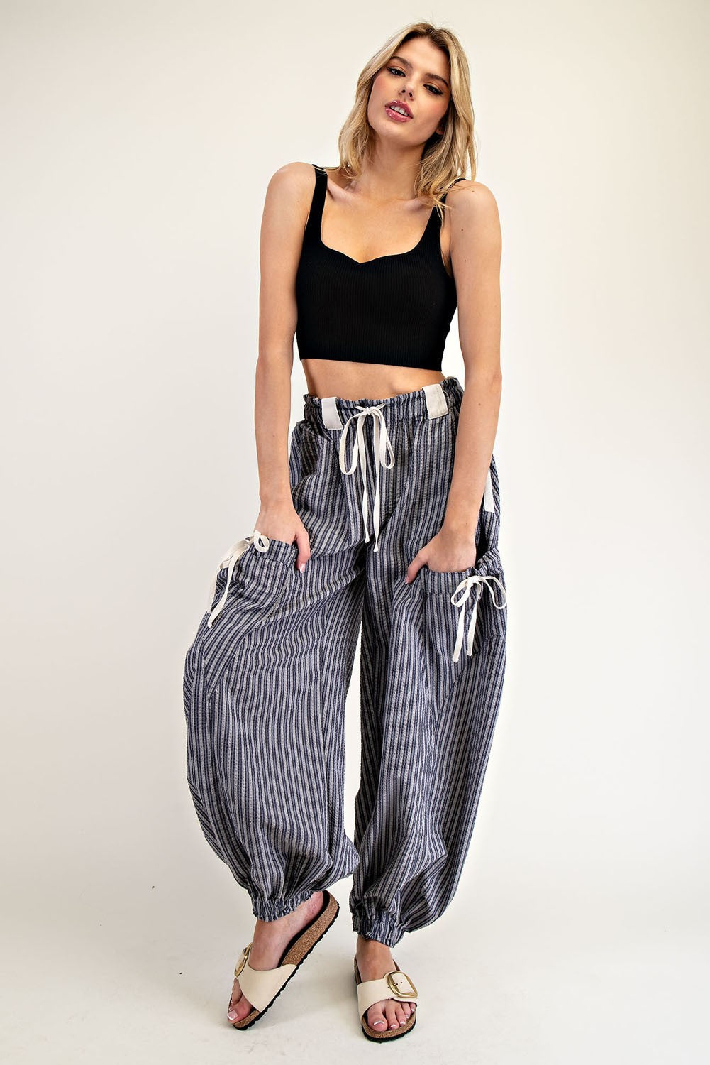 Striped Drawstring Jogger Pants - Denim