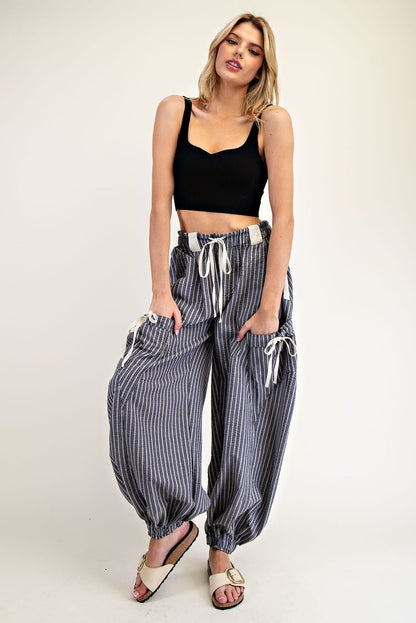 Striped Drawstring Jogger Pants - Denim
