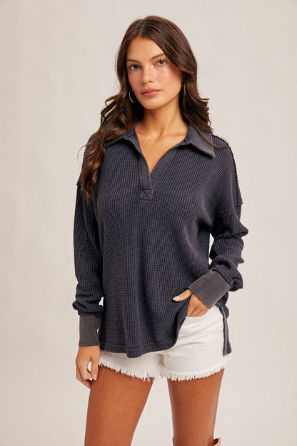 Washed Thermal Collared Top