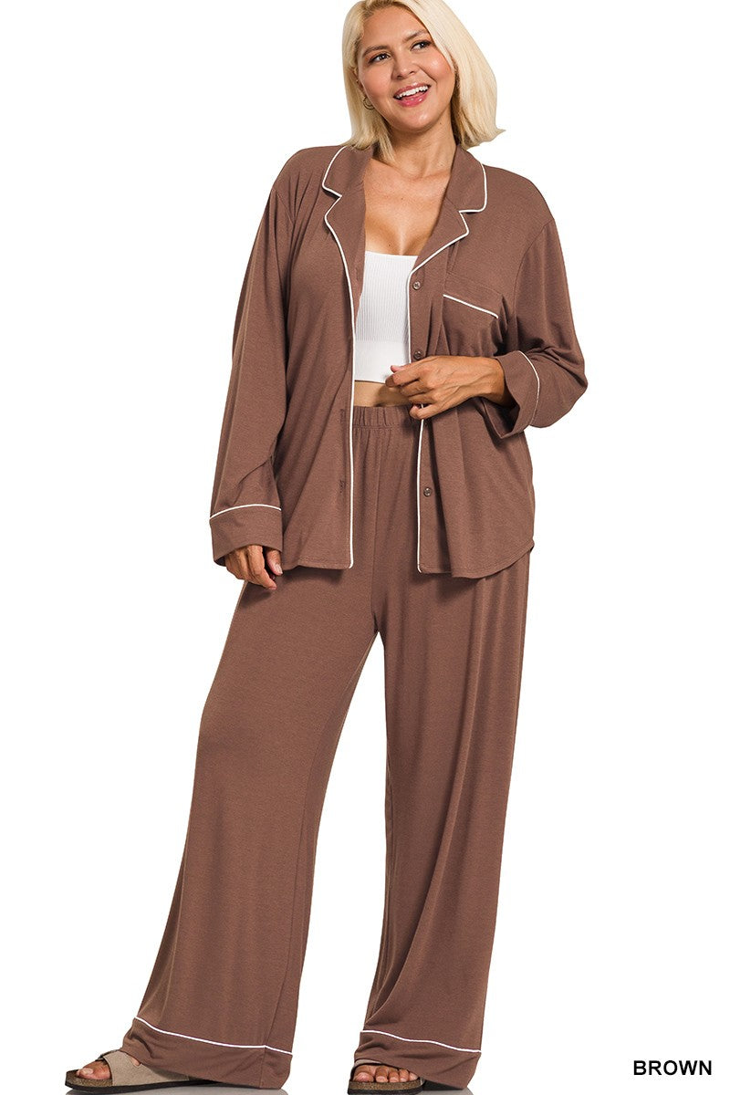 Plus Size Button Down Pajama Set – Brown