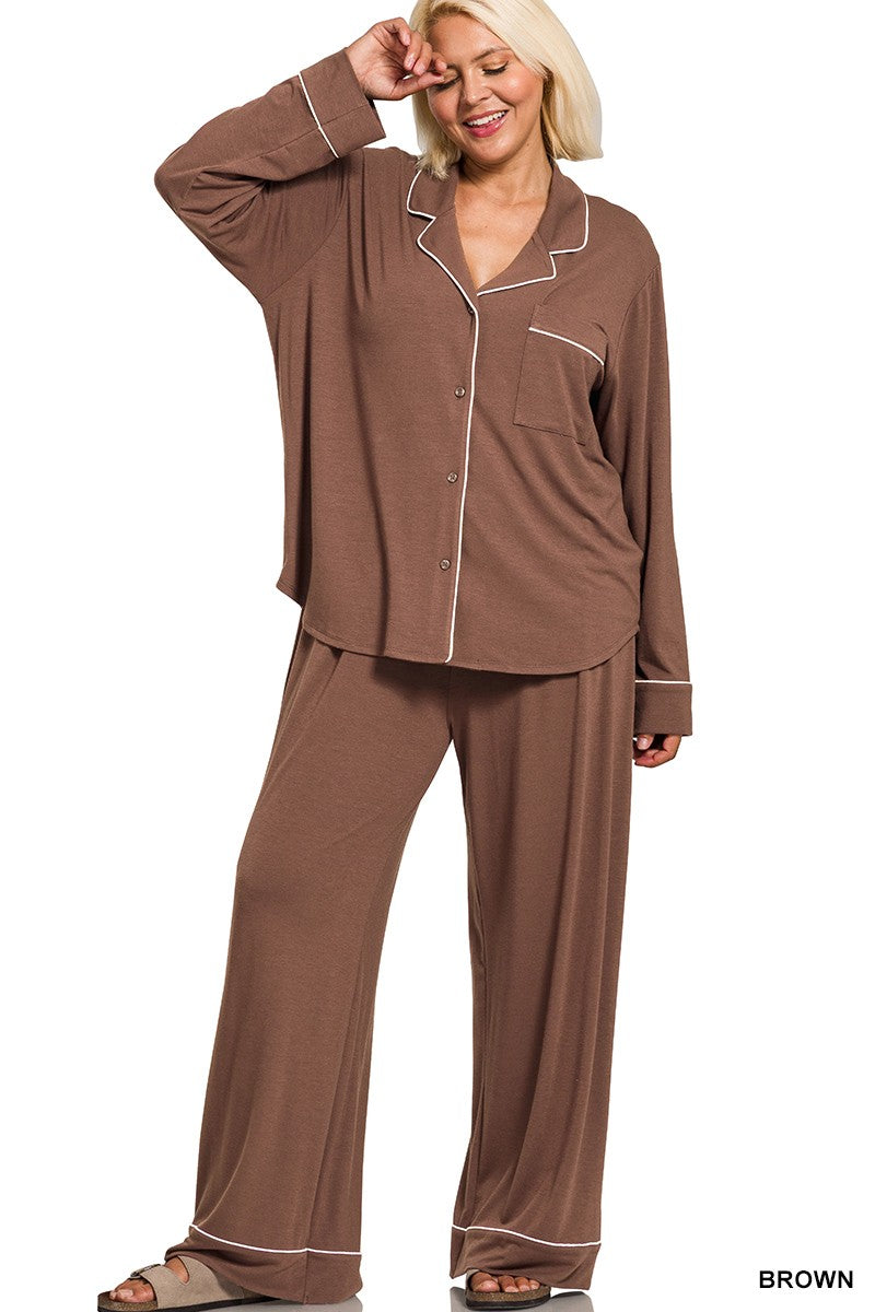 Plus Size Button Down Pajama Set – Brown