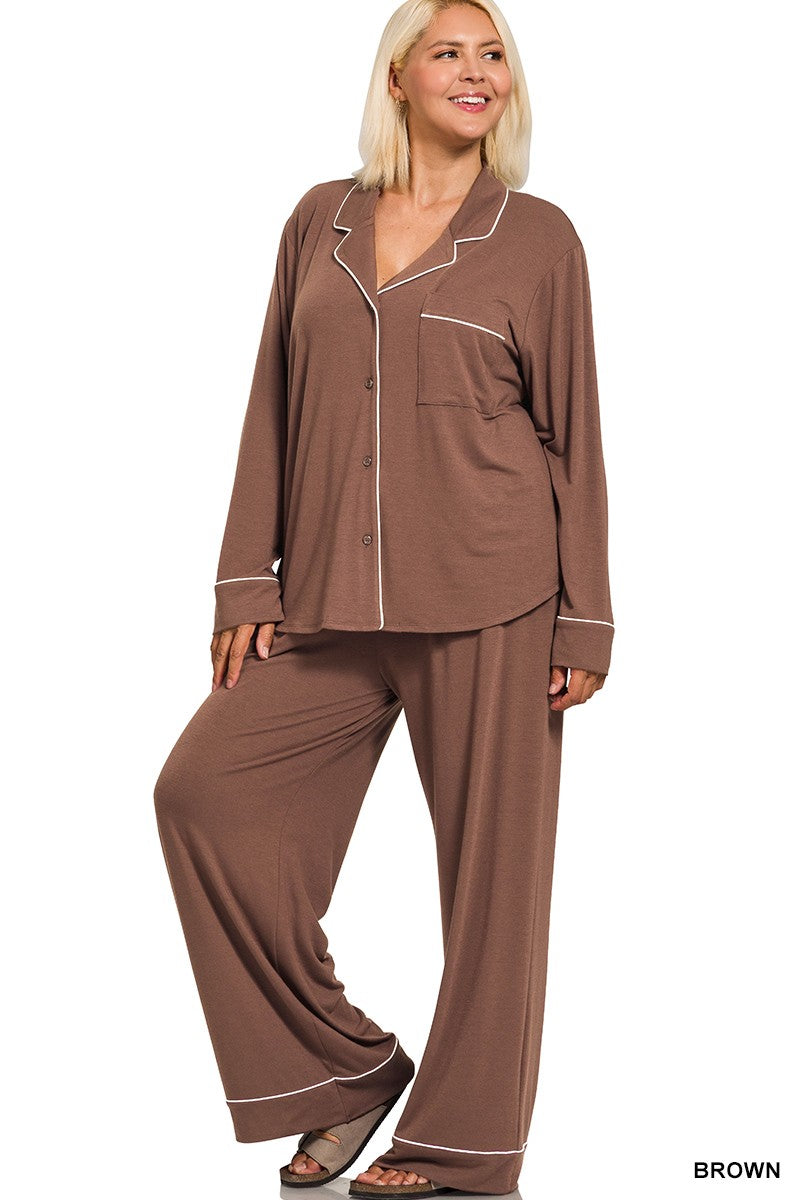 Plus Size Button Down Pajama Set – Brown