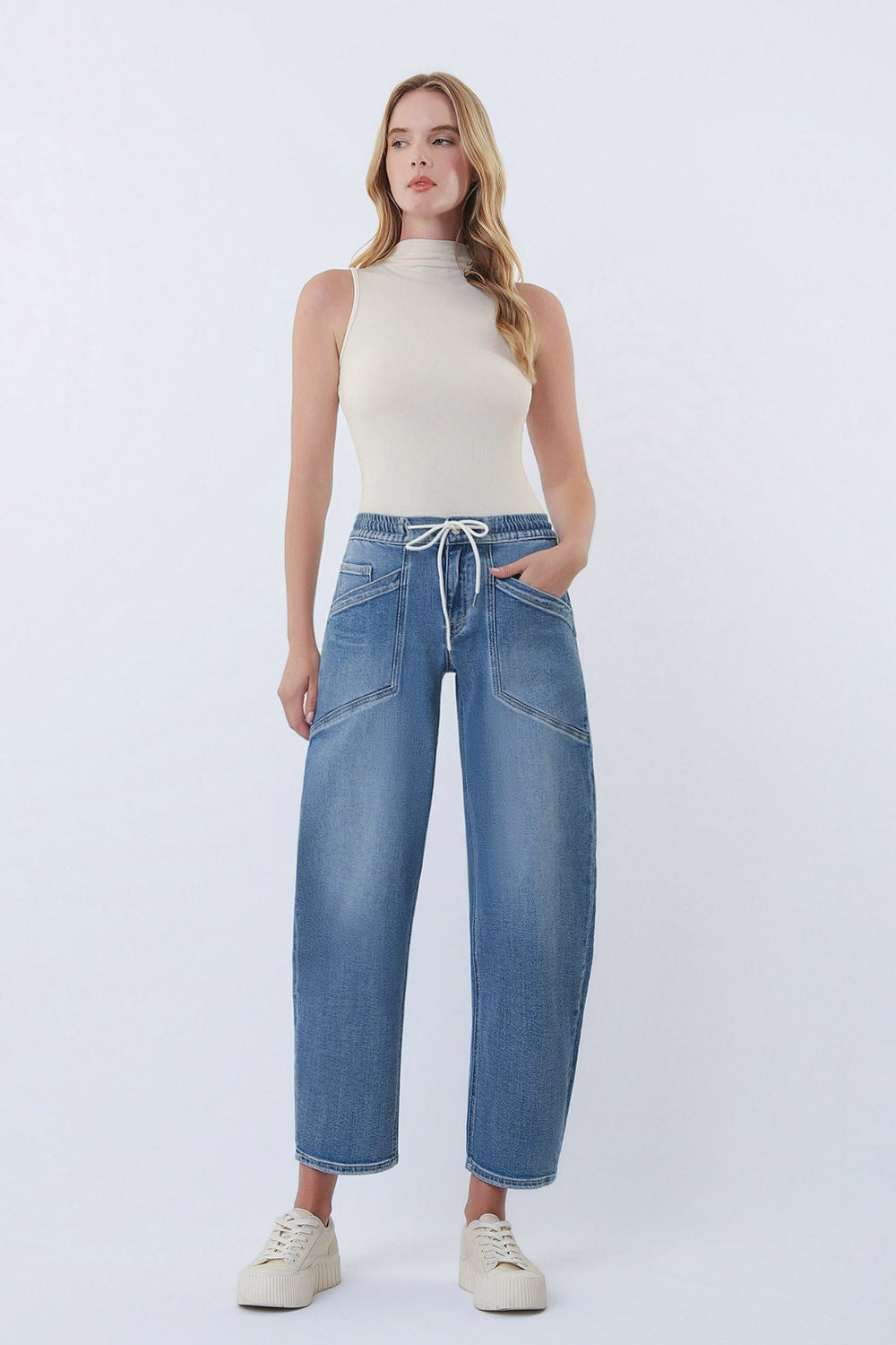 Elastic Waistband Barrel Jeans