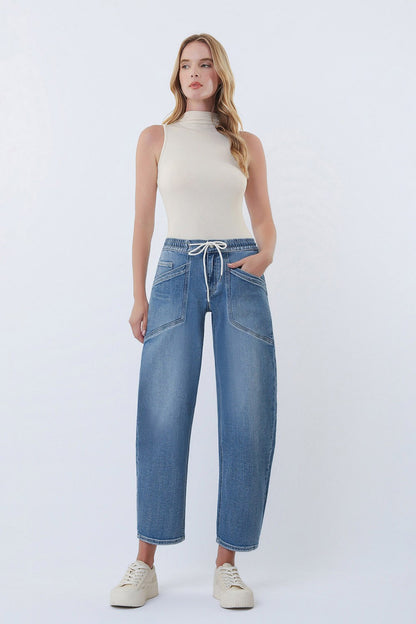 Elastic Waistband Barrel Jeans