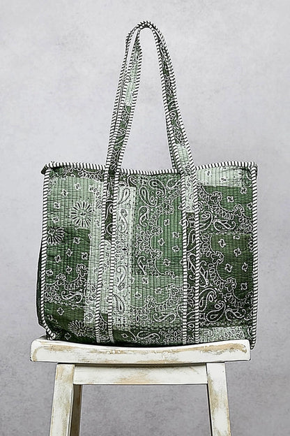 Paisley Quilted Tote - Green