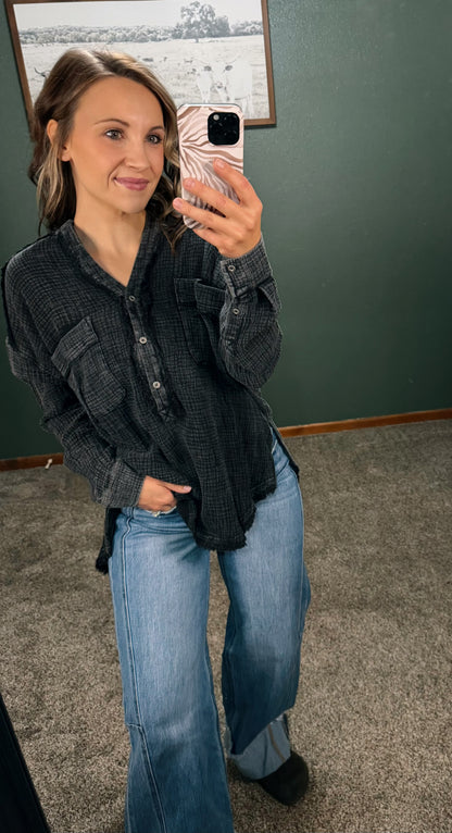 Gauze Placket Blouse - Black