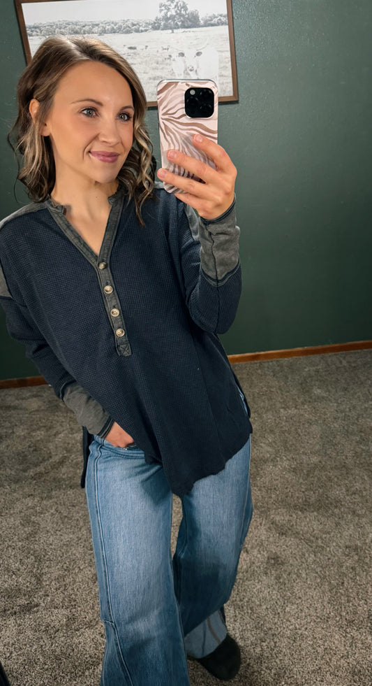 Washed Thermal Henley - Midnight