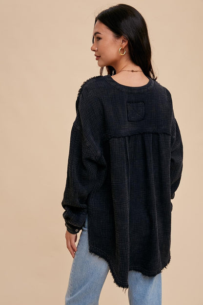 Gauze Placket Blouse - Black
