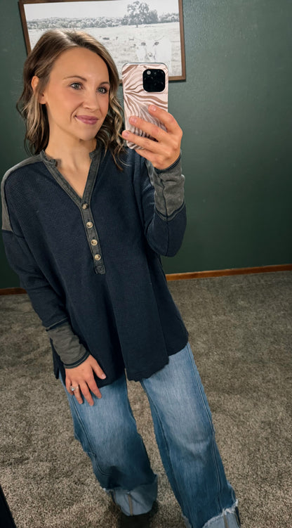 Washed Thermal Henley - Midnight