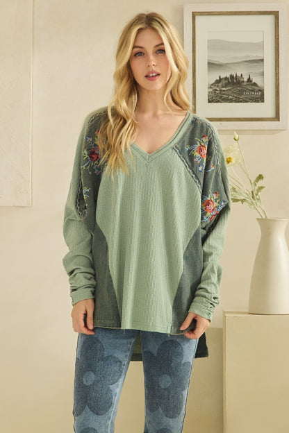 Floral Embroidered Ruched Sleeve Top