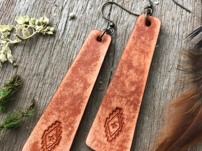 Hand Tooled Leather Bar Earrings