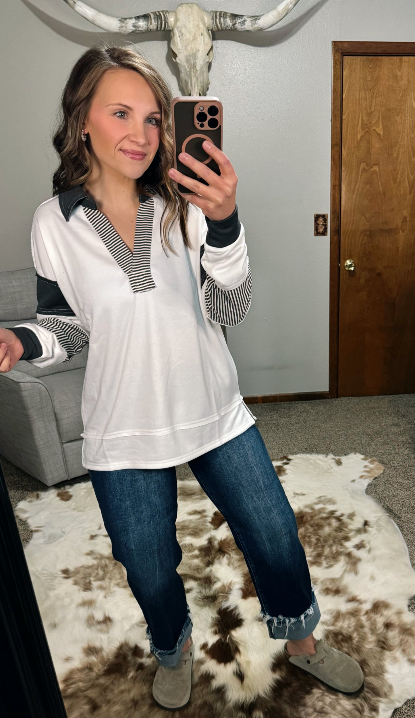 French Terry Collared Top – Charcoal