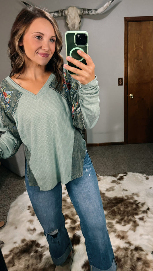 Floral Embroidered Ruched Sleeve Top