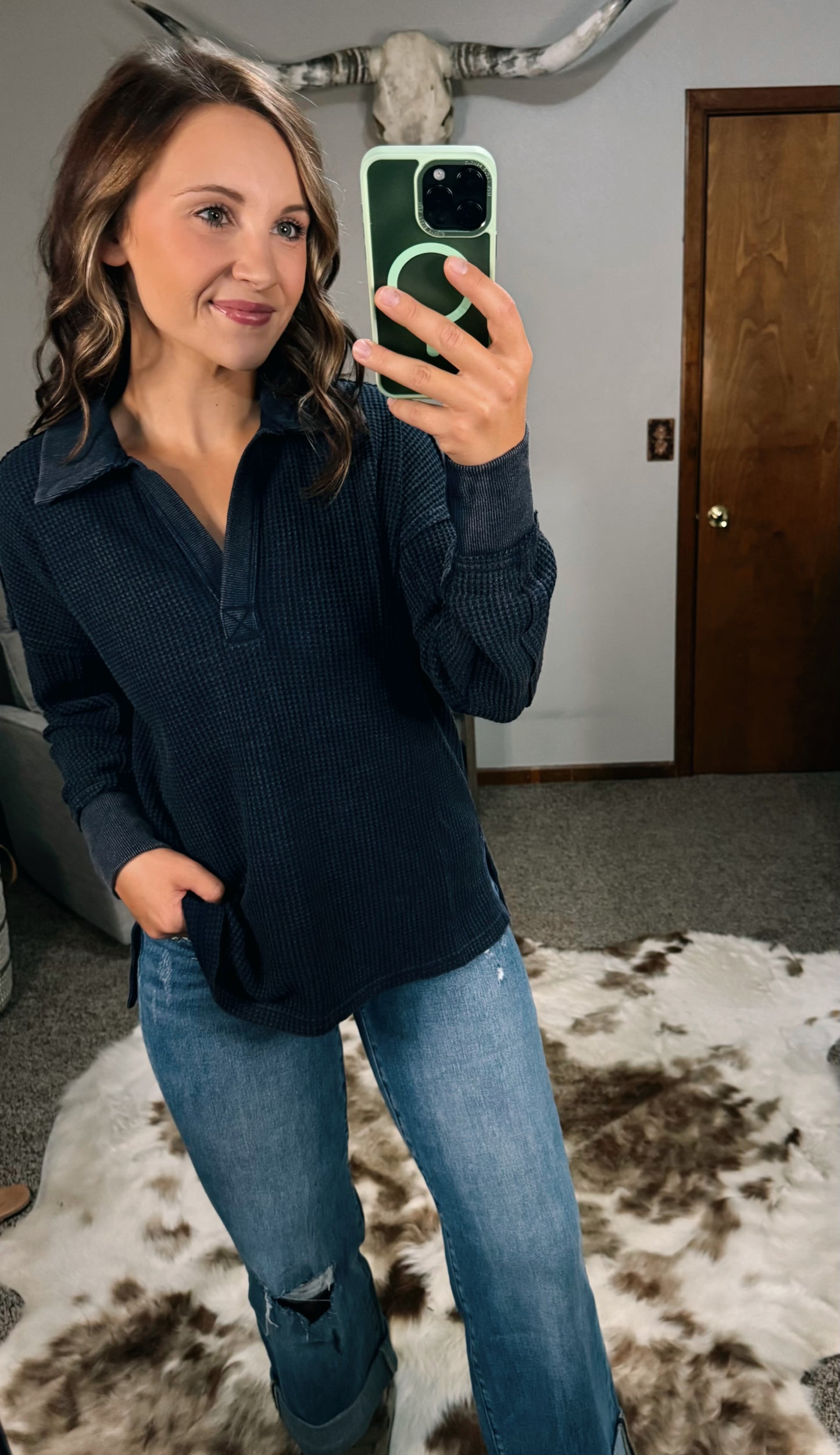 Washed Thermal Collared Top
