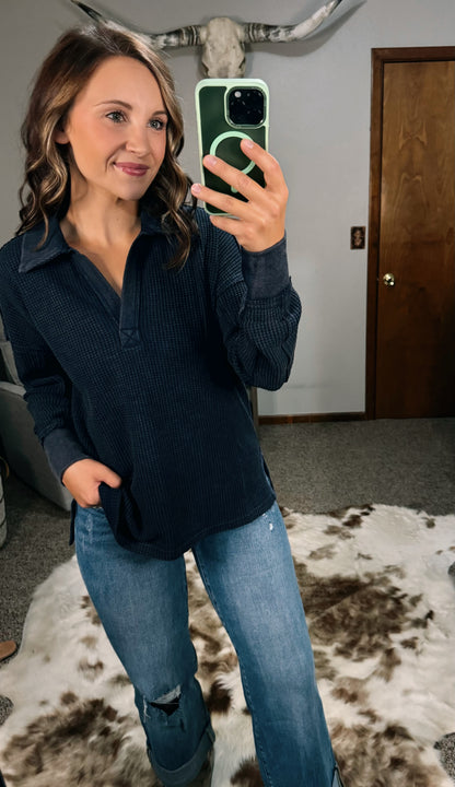 Washed Thermal Collared Top
