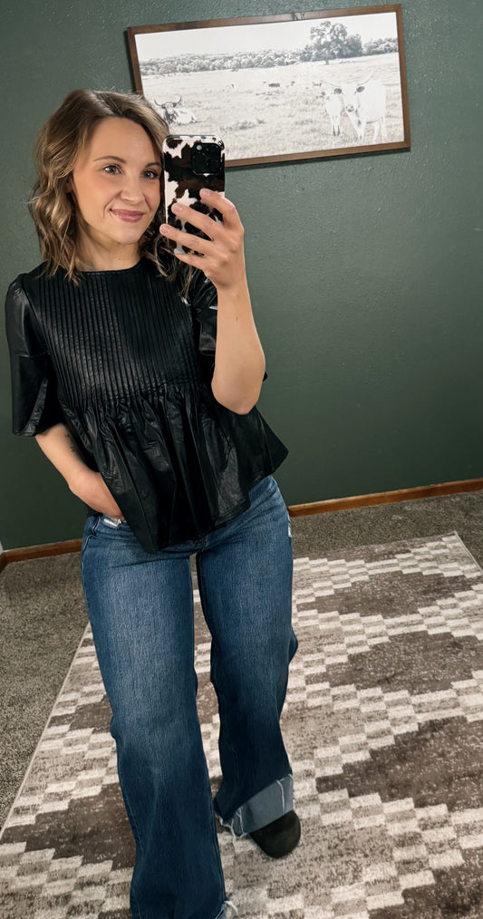 Leather Pin Tuck Blouse