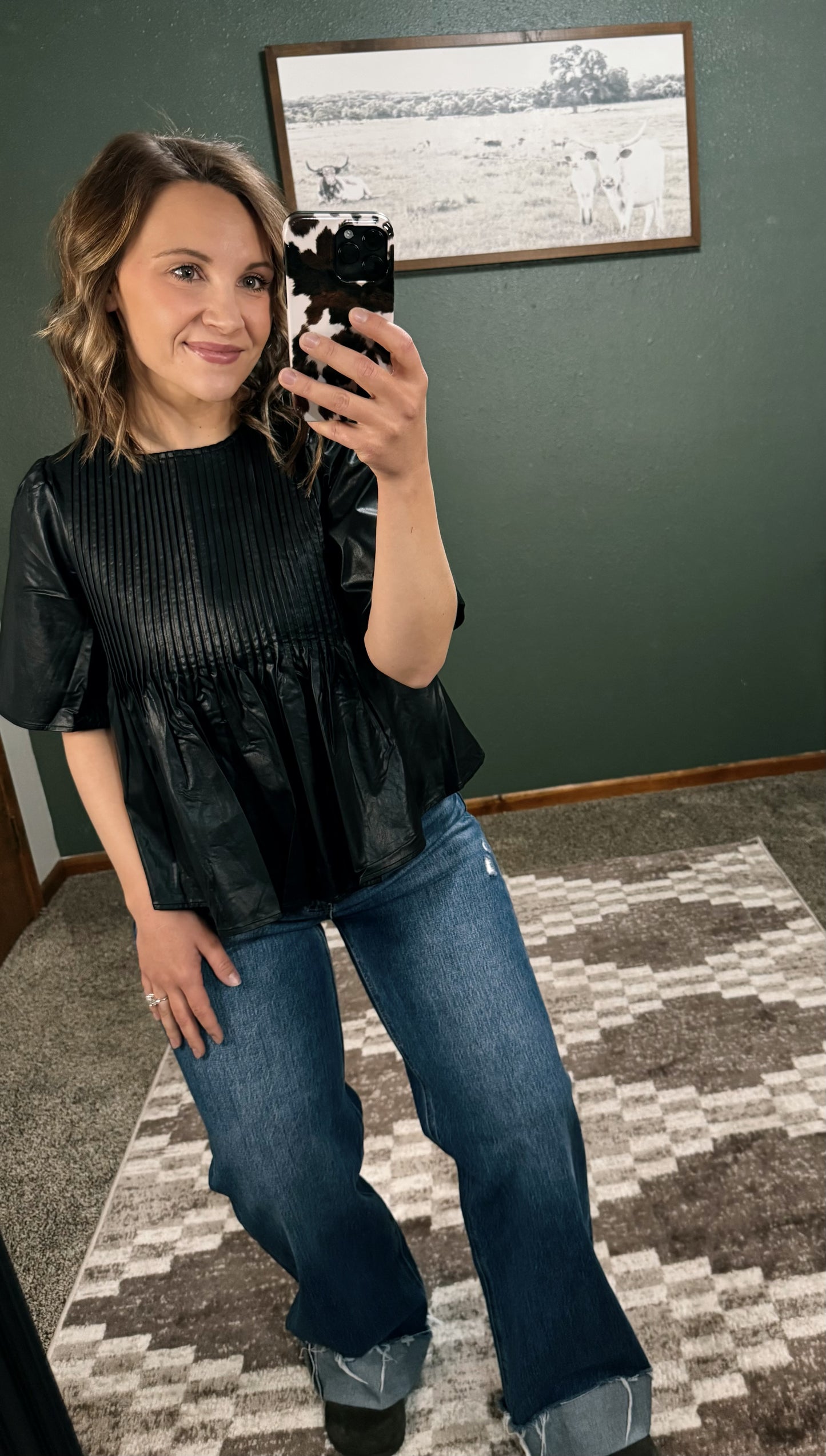 Leather Pin Tuck Blouse
