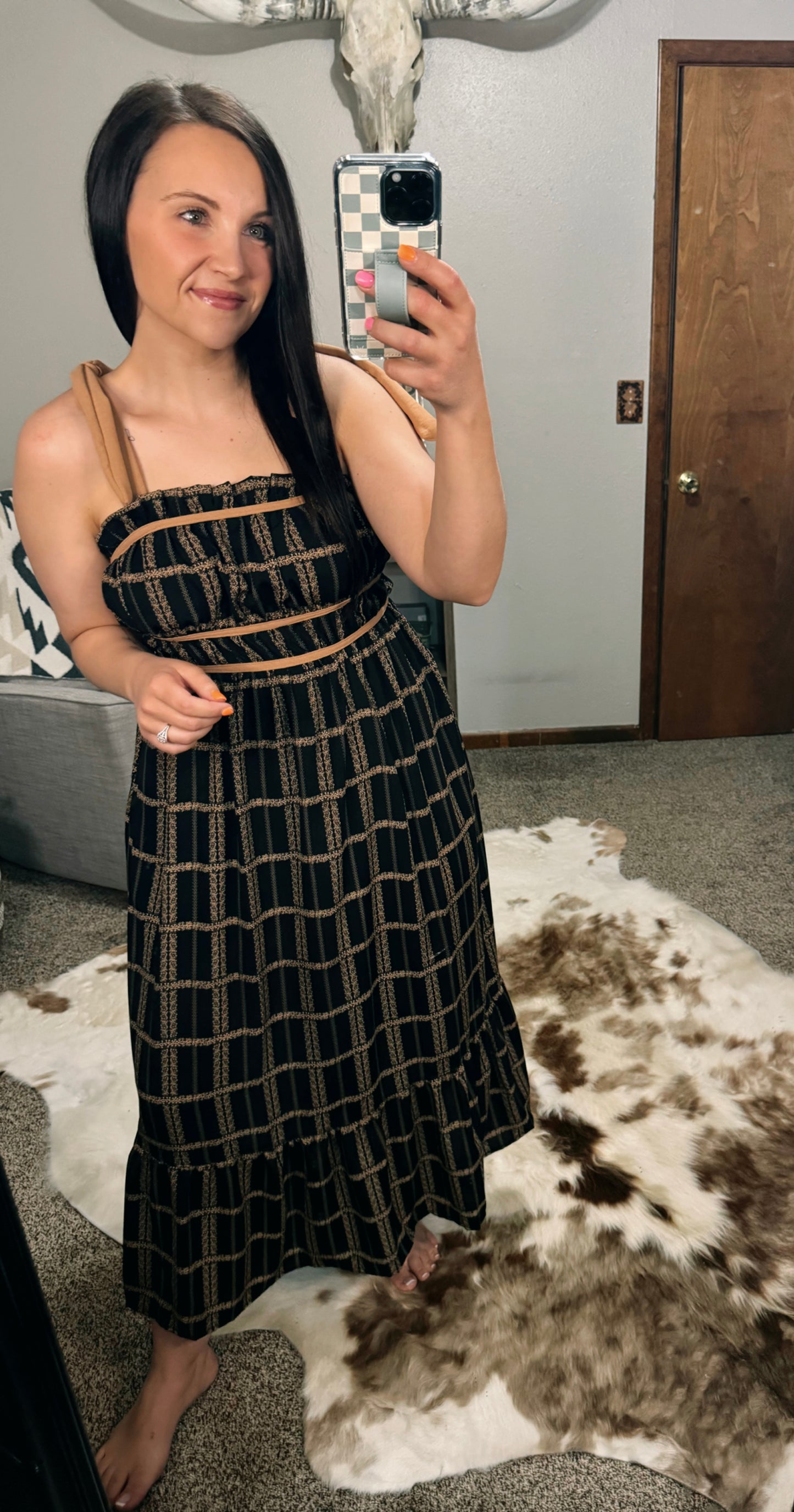 Shoulder Tie Plaid Midi Dress