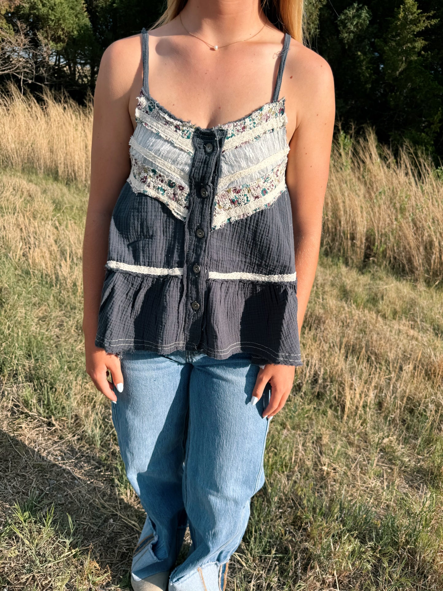 Double Gauze Lace Patch Tank