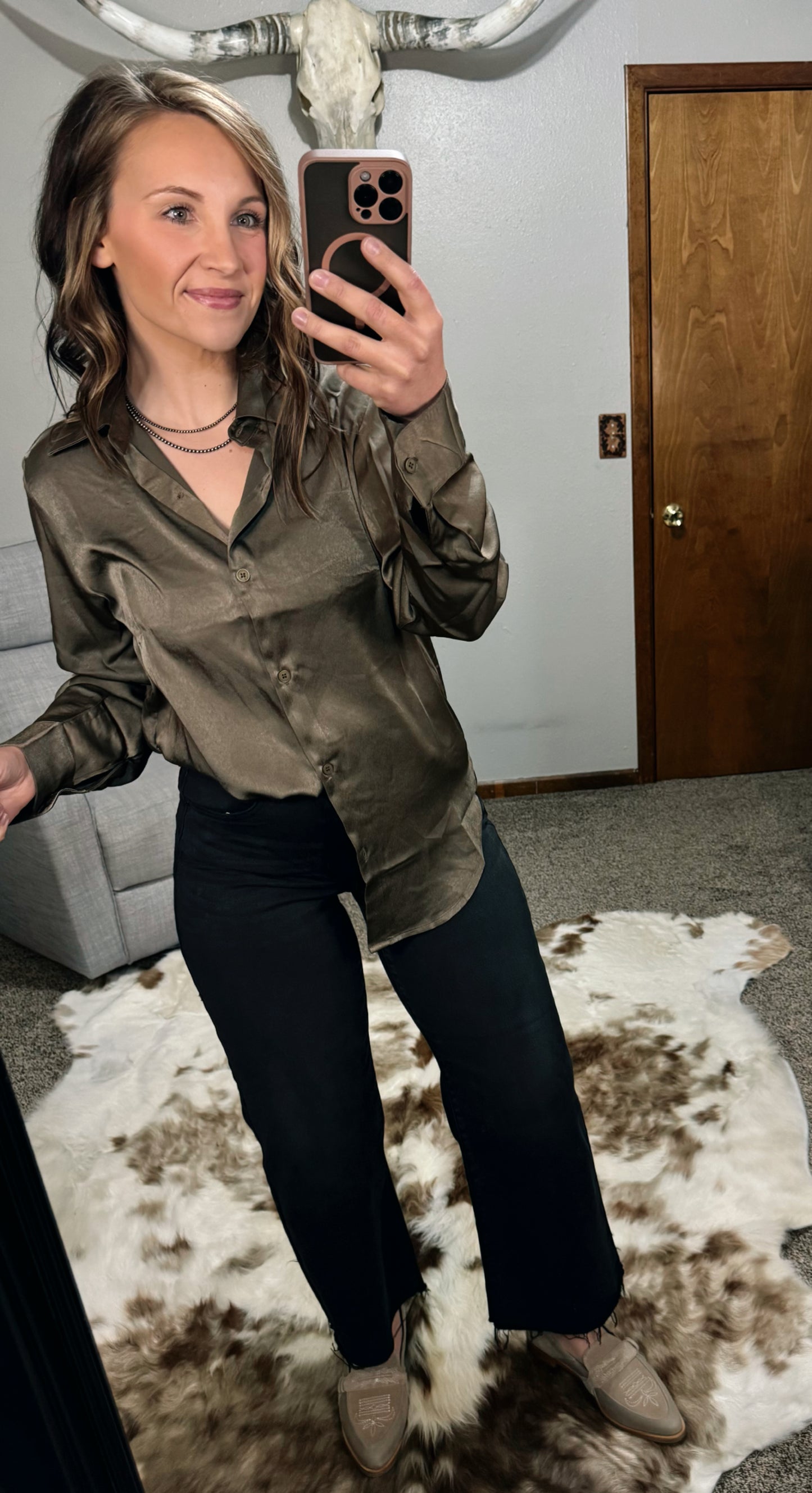 Satin Collared Button Down – Tobacco