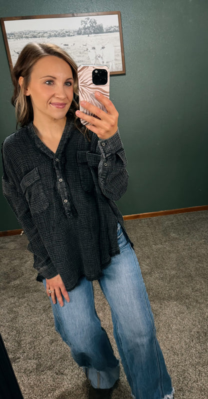 Gauze Placket Blouse - Black