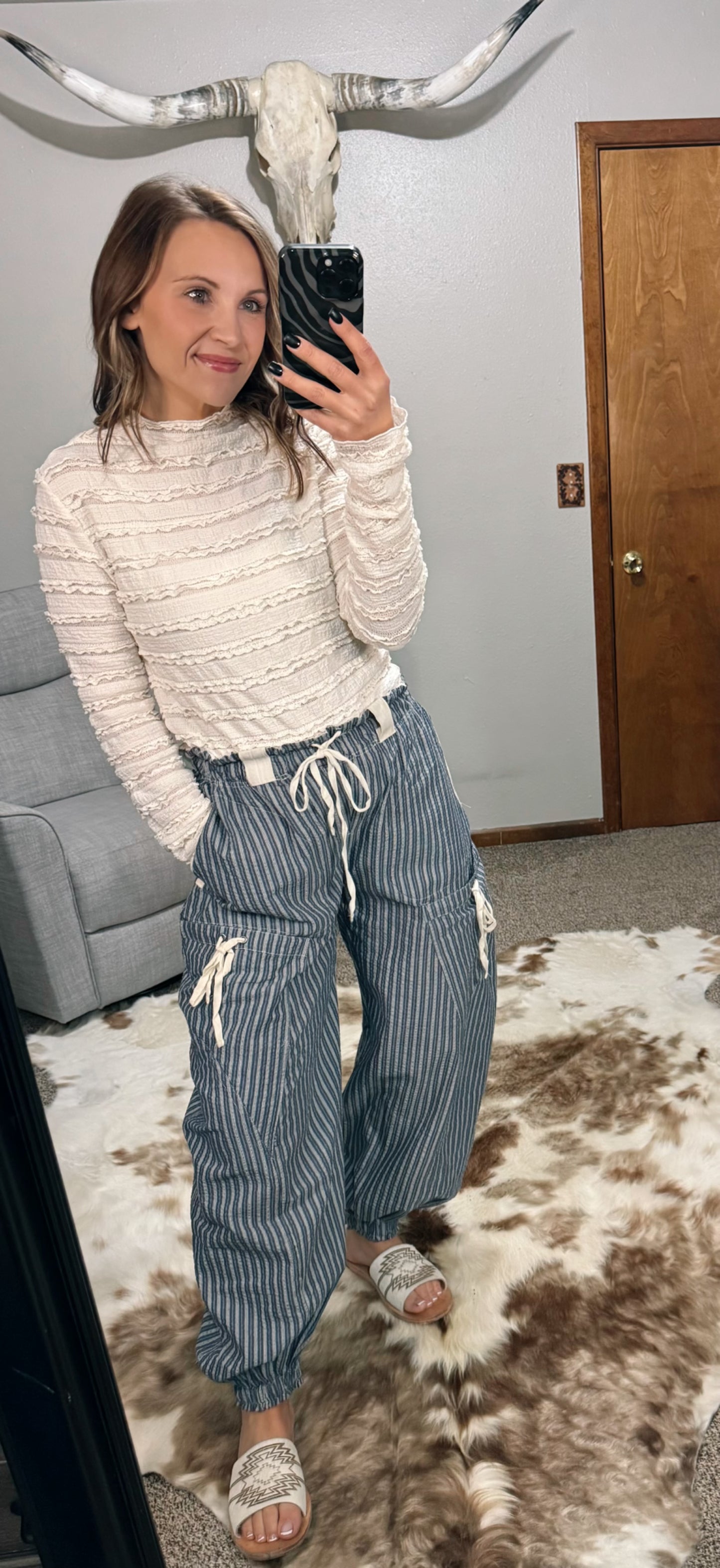 Striped Drawstring Jogger Pants - Denim