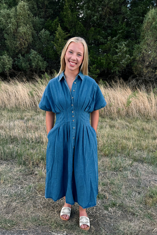 Denim Pleated Midi Dress