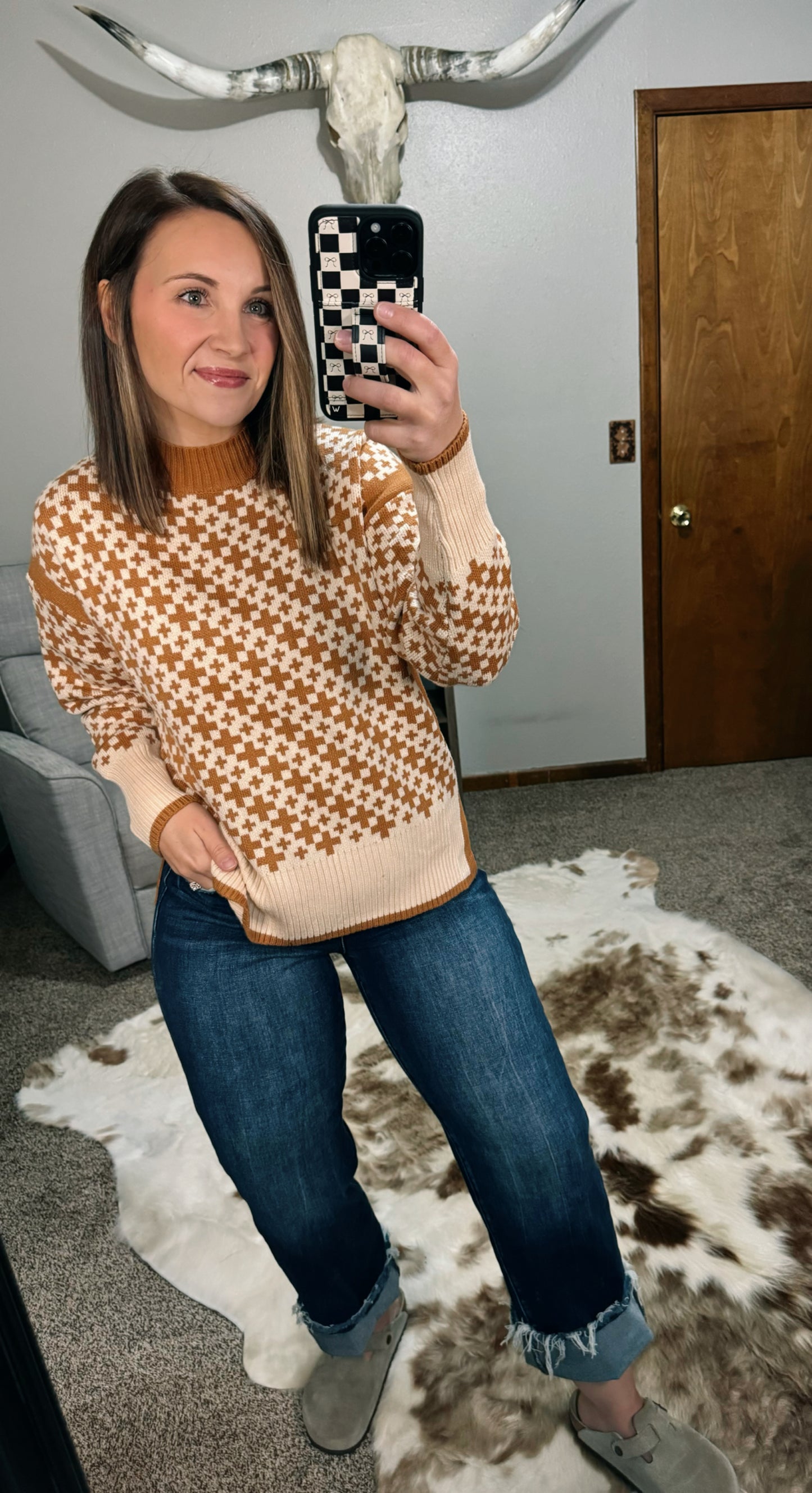 Mock Neck Sweater - Rust & Cream