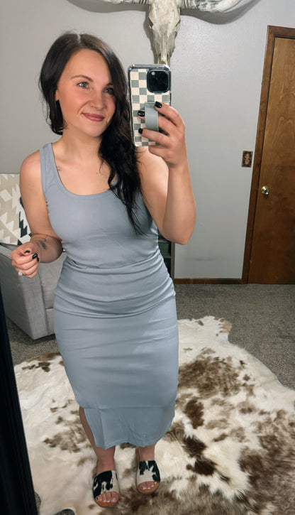 Blue Ruched Midi Dress