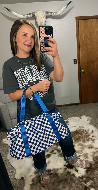 Checkered Duffle Bag - Blue & White