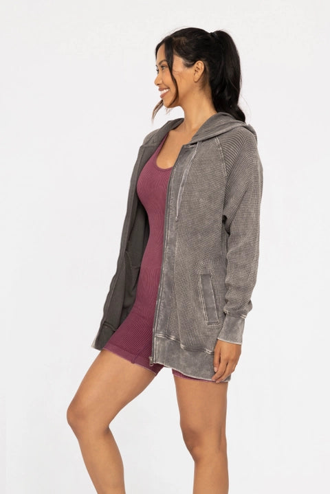 Waffle Knit Hooded Zip Up
