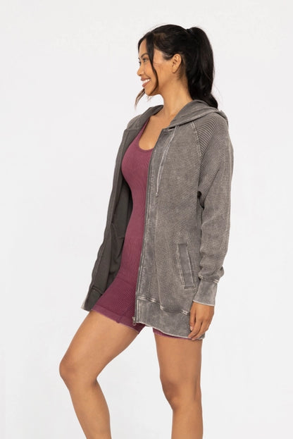 Waffle Knit Hooded Zip Up