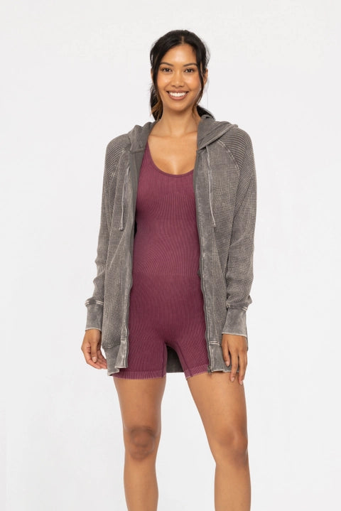 Waffle Knit Hooded Zip Up