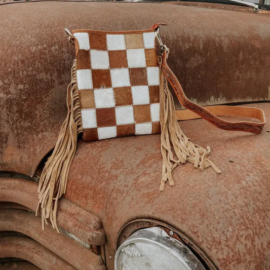 Checkered Cowhide Fringe Purse